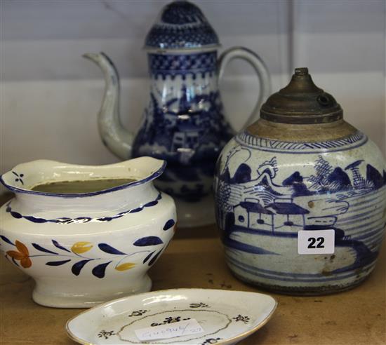 Early blue & white coffee pot, bowl and Chinese jar